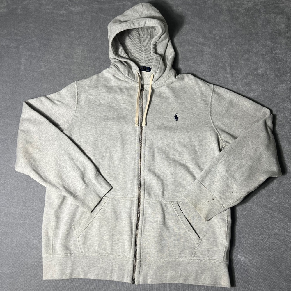 Polo Ralph Lauren Mens XXL Gray Full Zip Waffle Lined Hoodie Sweatshirt Big Pony